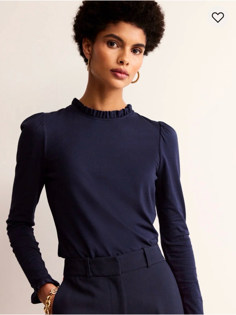 Boden Ruffled Mock Neck Long-Sleeve Supersoft Frill Detail Top - Navy